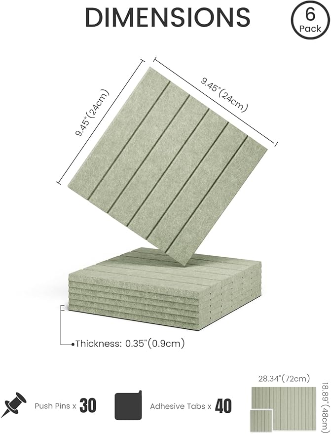 Fluxynara Felt Bulletin Board Tiles -28"x18" with 40 Adhesive Tabs, Cork Board Alternative for Office Decor, Push Pin Board Wall Organizer 6-Pack (Sage)