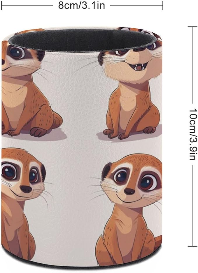 Comic Meerkat Pencil Holder Round Pen Cup Funny PU Leather Marker Holder Makeup Brush Holders Desk Accessories Workspace Organizers for Home School Office