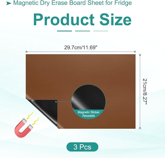 PATIKIL Magnetic Dry Erase Board Sheet for Fridge, 3 Pcs 12 x 8 Inch Erasable Refrigerator Whiteboard for Kitchen for Home Kitchen Organizer Planner Office Storage, Brown (0.6mm)