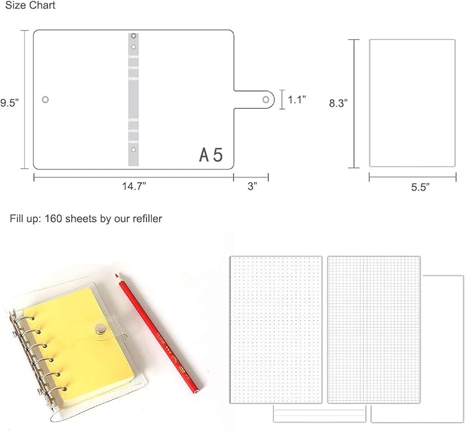 A6 A5 6-Holes Colorful PVC Cover Personal Organizer with Snap Button Closure File Folder for Loose Leaf Sheet Notebook (Pink Dot, A5 mini Set)