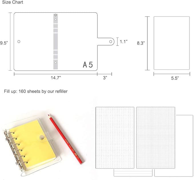 A6 A5 6-Holes Colorful PVC Cover Personal Organizer with Snap Button Closure File Folder for Loose Leaf Sheet Notebook (Pink Dot, A5 mini Set)