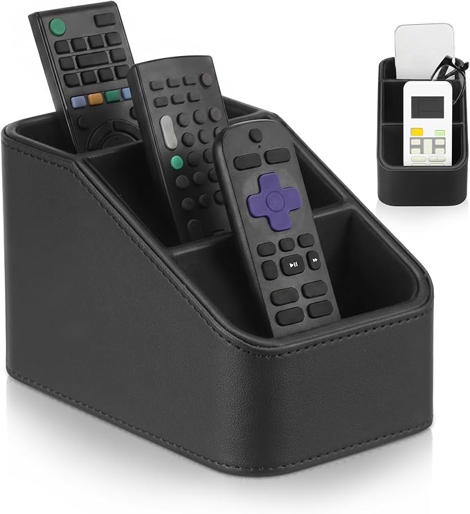 PU Remote Control Holder, Remote Caddy Box with 3 Compartments for Nightstand Bedside Table Couch Desk, Small Storage Organizer for Glasses,Pens,Cosmetics,Office Supply