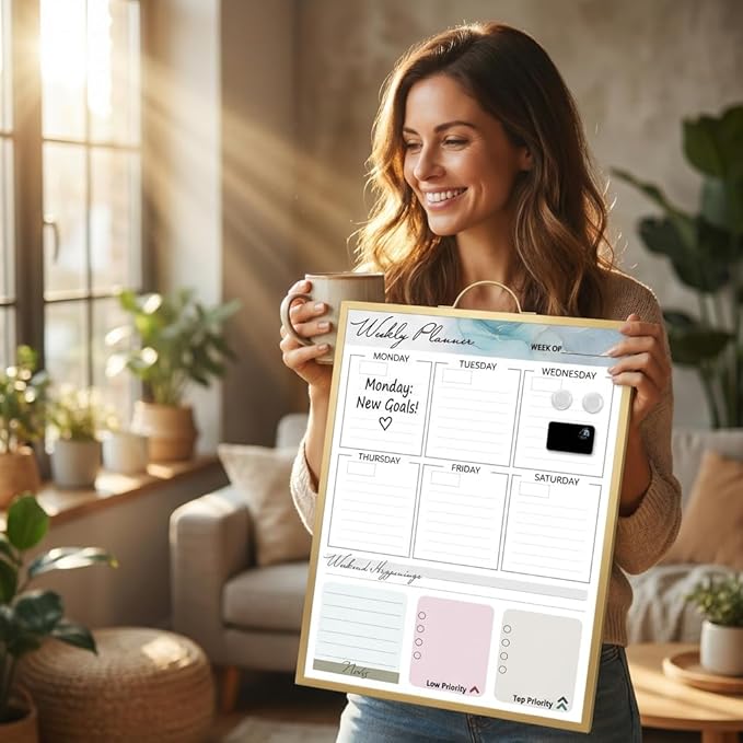Gold Magnetic Dry Erase Whiteboard 12 x 16 Double Sided, Portable Planner Board with Weekly Monthly Sheets, Write and Wipe to Do List Board, Includes 3 Markers Eraser 2 Magnets