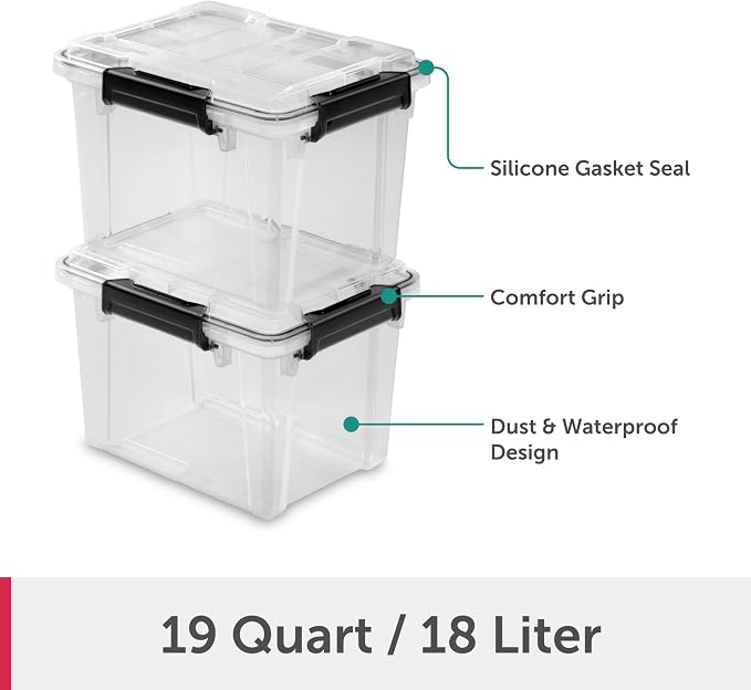 19 Qt Storage Box with Gasket Seal (Clear/Black), Heavy Duty Plastic Latching Tote, Small Stackable Container for Home Office, Basement, Garage, Storing Valuables, Files, and Supplies