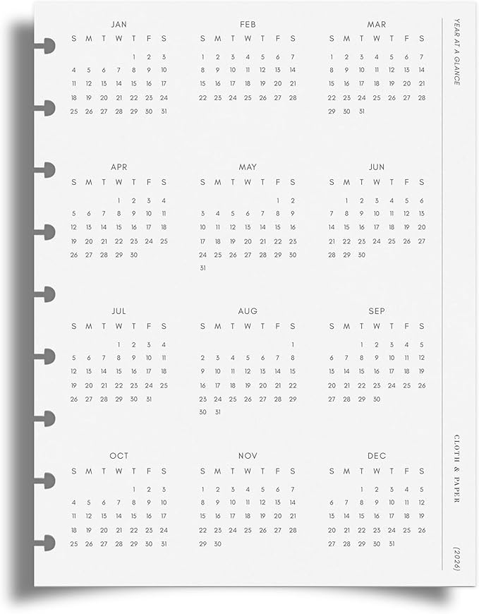 Cloth & Paper 2026 Year At A Glance Planner Single Page Dashboard | HP Classic 9 Disc Punch, 7 x 9.25 Inches | Transparent Vellum, Pre-Punched, Happy Planner Classic