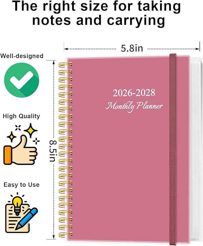 2026-2028 Monthly Planner, 3 Years Calendar from April 2026 - December 2028 with Spiral Binding, Inner Pocket, Elastic Closure, 33 Month Planner for Home | School | Office, 5.8" x 8.5", Pink
