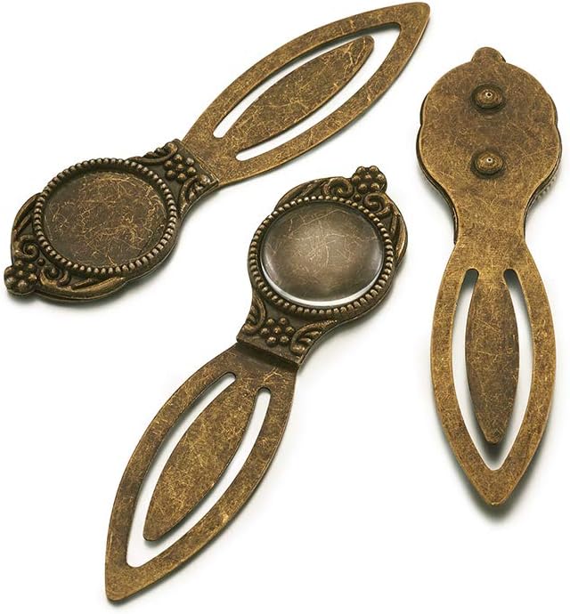 FASHEWELRY 5 Sets Antique Bronze Bookmark Pendant Tray Kit Include 18mm Round Blank Bezel Base Setting Charms with 10Pcs Clear Glass Dome Tiles Cabochons