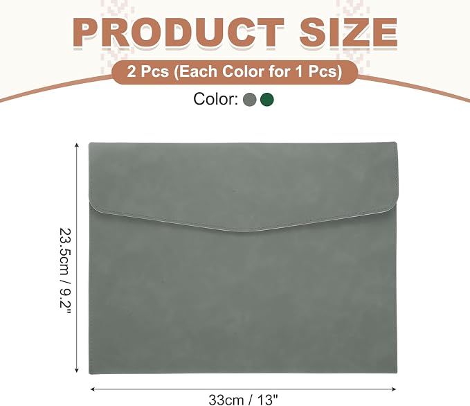PATIKIL 2Pcs PU Leather File Folders, 13x9 A4 Document Holder Waterproof Envelope Folder with Snap Closure, Portable Portfolio Organizer Case for Paper Receipt, Gray/Green