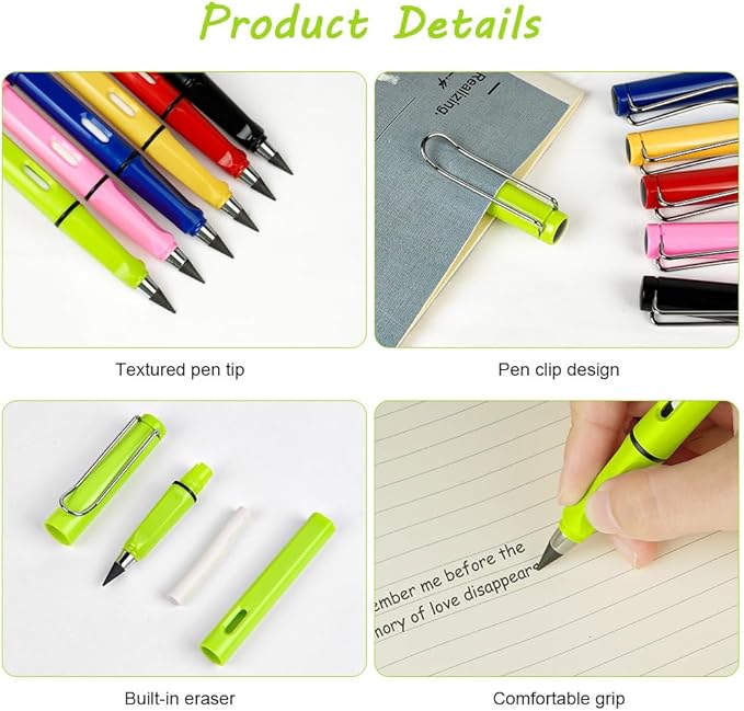 Ainiv Inkless Forever Pencil, 6 Sets with Eraser, Reusable with 6 Extra Nibs, Endless Pencil for Home Office School Supplies
