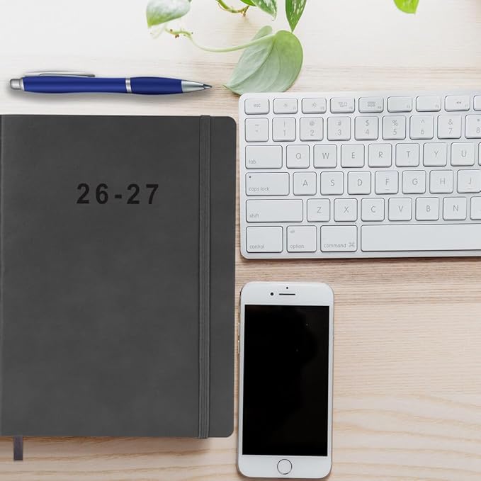 26-27 Academic Planner - Weekly and Monthly Planner, Jul 2026 - Jun 2027, Vegan Leather Cover, Elastic Closure, 7”x9.25”, Grey