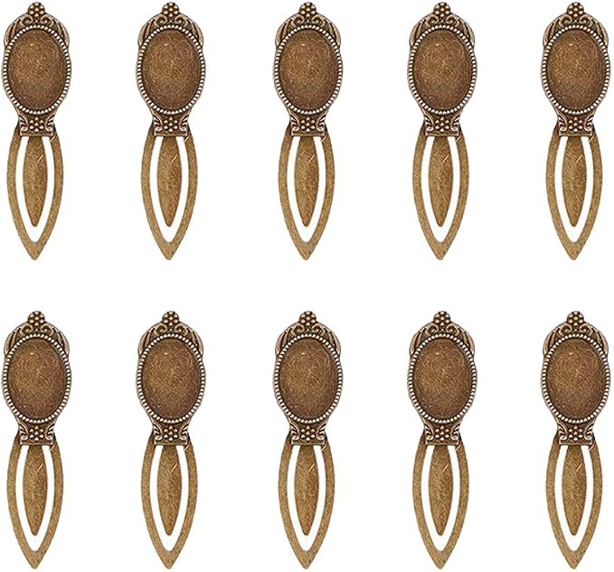 FASHEWELRY 10Pcs Antique Bronze Bookmark Pendant Blank Tray 25x18mm Oval Bezel Base Cabochon Setting Charms
