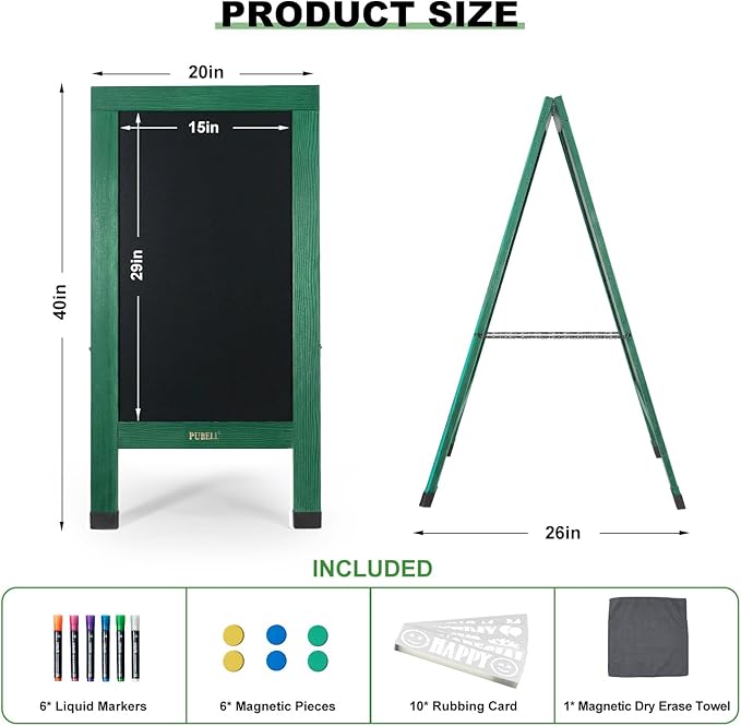 Large Sandwich A-Frame Chalkboard Sign - 40 x 20 Inches Green Magnetic Wooden Chalk Board for Sidewalk, Stand up Double-Sided Outdoor Easel Display for Restaurant Cafe Shop Wedding Party or Business