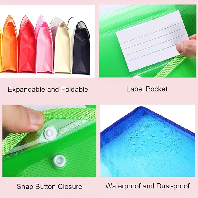 Plastic File Folder A4 Size Expandable Poly Envelopes Waterproof Transparent File Pouch with Snap Closure & Label Pocket Assorted Colors for School Organization