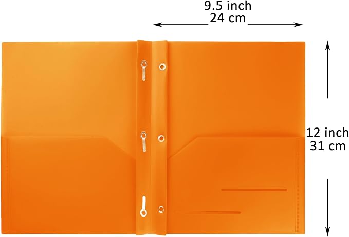 Youngever 6 Pack Heavy Duty Plastic Two Pocket Folders with 3 Prongs, Metal Prongs Fastener, Heavy Duty Plastic 2 Pocket Folder (Orange)