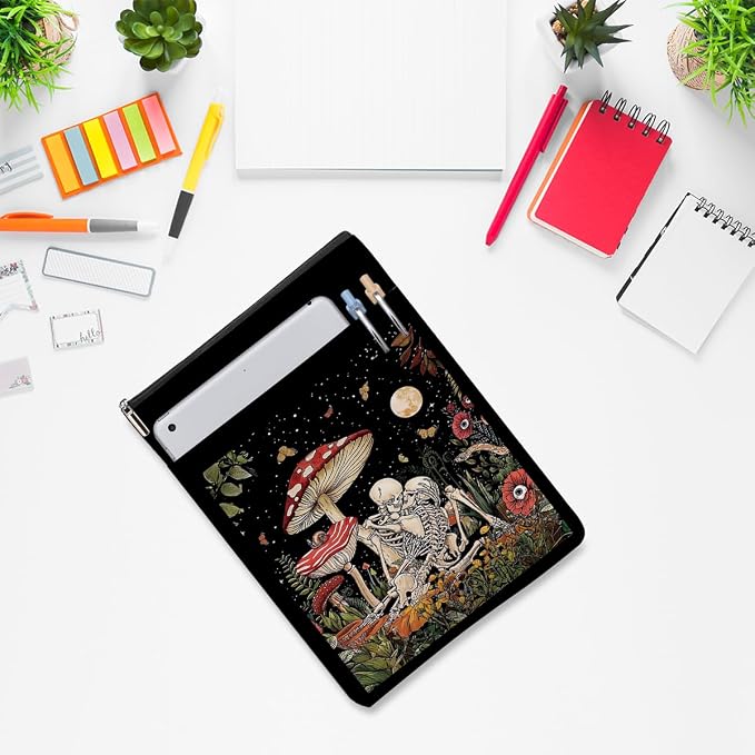 Floral Romantic Skull Book Sleeve Books Lovers Gifts Aesthetic Book Cover Protector with Zipper and Front Pocket Books Pouch Accessories Bookish Gifts Mushroom Gift for Women Readers Wife