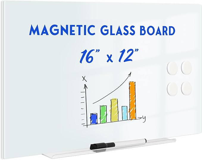 Magnetic Glass Whiteboard for Wall, 16" x 12" Glass Dry Erase Board, Frameless White Board for Home and Office - Normal White