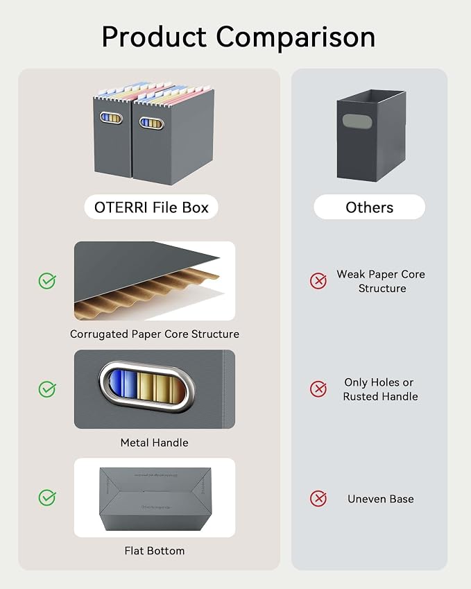 Oterri File Organizer Box, Portable Collapsible Cardboard File Folder Organizer with Handle for Letter Size Hanging Files, Document Storage Box for Home Office & Classroom (8 Packs, Dark Grey)
