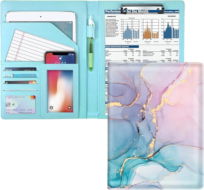 WAVEYU Padfolio Clipboard Folder Portfolio, Marble Leather Storage Clipboard with Cover for Legal Pad Holder Letter Size A4 Writing Pad for Conference Organizer Document Sleeve, Colorful Marble