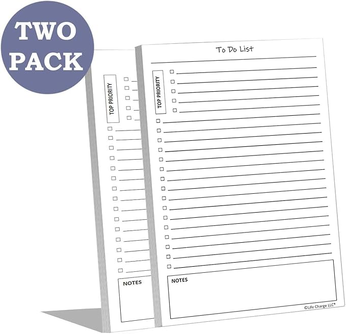 To Do List Planner Notepads, 2 Pack, 50 Pages Each (100 Total), Undated ToDo Checklist with Priority & Notes Sections, Daily Task Organizer for Work, Projects & Home, 8.5 x 5.5 Half Letter, Portrait – Life Charge