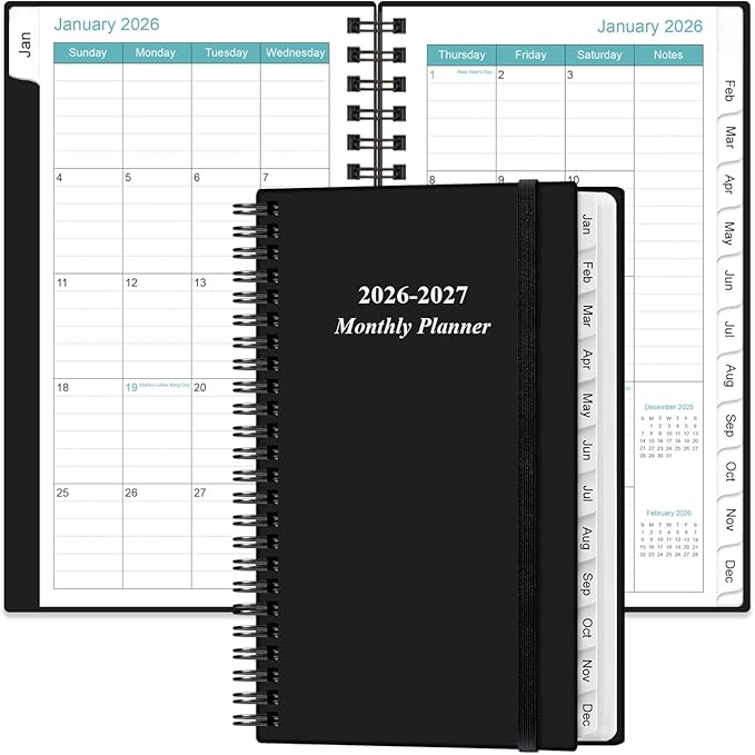 2026-2027 Monthly Planner - January 2026 - June 2027, Two Pages Per Month, 18 Monthly Calendar/Planner with Tabs, Strong Twin-Wire Binding, Inner Pocket, 3.75" x 6.5", Black