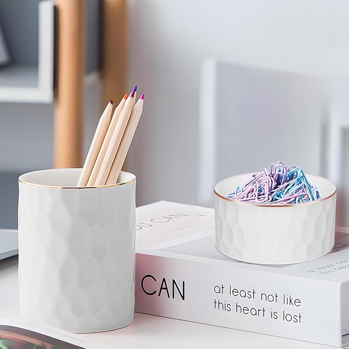 Aesthetic Desk Accessories Set of 2 For Your Office Desk Decor - Sturdy Concrete Desktop Accessories For Women or Men Enhance Any Office Decor - Set incl. Ceramic Pen Holder and Paper Clip Holder