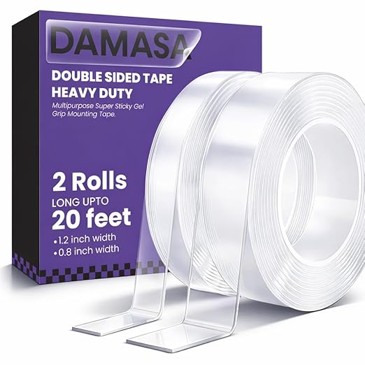 Double Sided Tape Heavy Duty 2 Rolls – 240" x 1.2" & 0.8" Clear Removable Nano Mounting Tape for Poster, Carpet, Picture Hanging, Wall, Rug & DIY – Strong Adhesive Multipurpose Mounting Tape 20 Feet