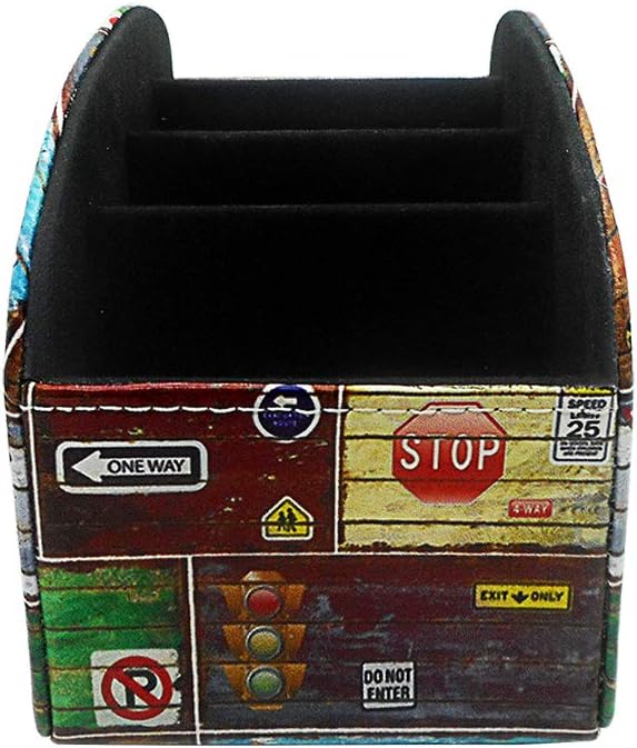 Remote Control Holder Organizer - Leather Table Desk Storage with 5 Spacious Compartments (Road Sign)