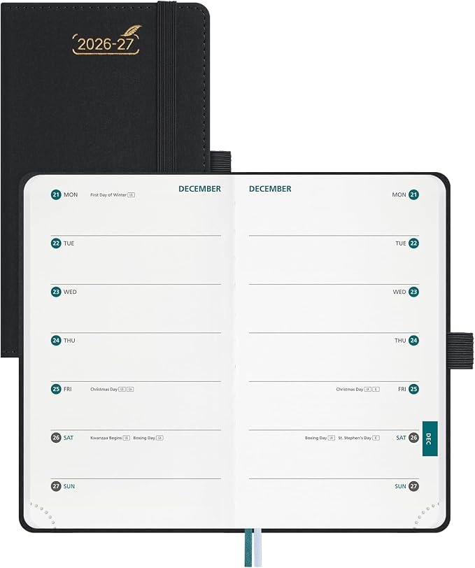 BEZEND 2026-2027 Pocket Planner, 18 Month Weekly & Monthly (3.5"x 6") 2-Column Dual Schedule Academic Agenda (Jul 26-Dec 27) for Students, Work, Home or 2 Person, PU Leather Hardcover - Black