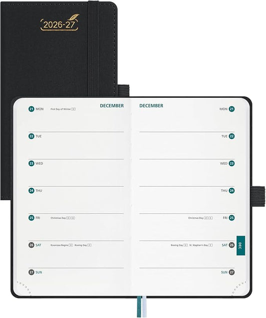 BEZEND 2026-2027 Pocket Planner, 18 Month Weekly & Monthly (3.5"x 6") 2-Column Dual Schedule Academic Agenda (Jul 26-Dec 27) for Students, Work, Home or 2 Person, PU Leather Hardcover - Black
