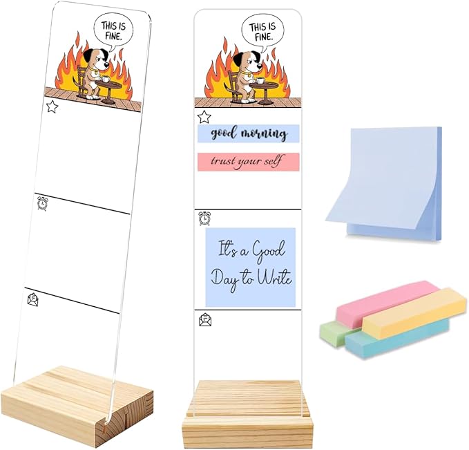 Sticky Notes Monitor Memo Board Acrylic Holder with Removable Wooden Base, This is Fine Dog Meme Logo Desk Set with 200 Sheets Two Sizes Sticky Notes, Office Desk Accessories Organizer