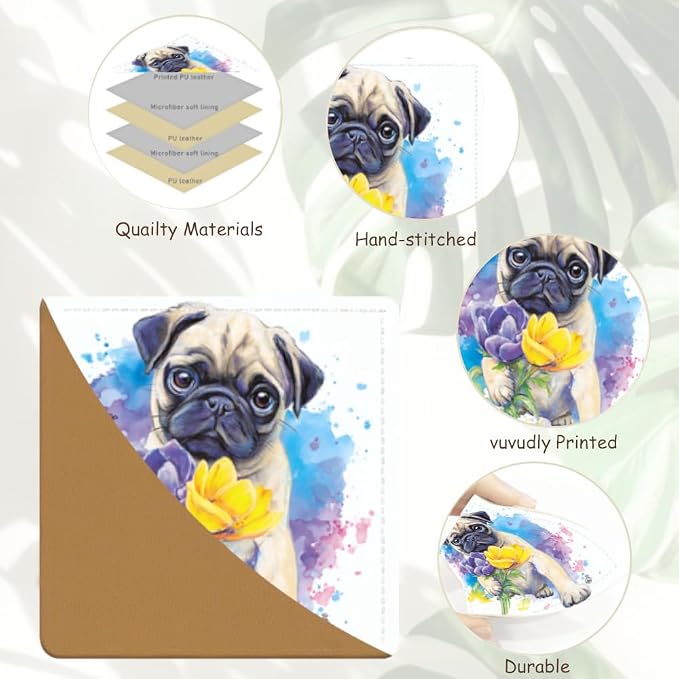 2PCS PU Leather Bookmarks 3.5x3.5 Inch Pug Yellow Flower Design | PU leather bookmarks with pug yellow flower design for novels, journals, planners, pet lovers, students and book fans