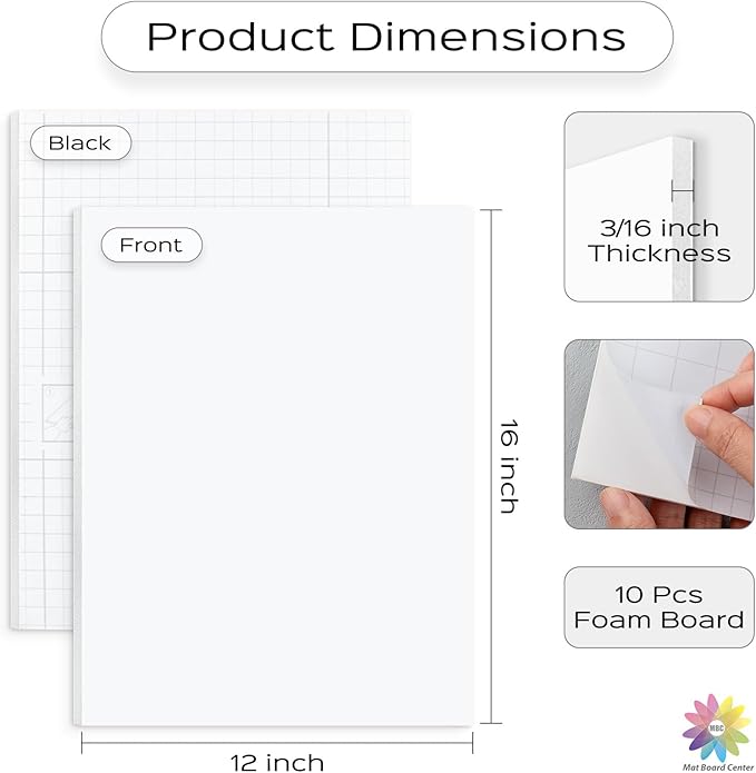 Mat Board Center, Pack of 10, 12X16 Self Adhesive Foam Board for Picture and Poster Mounting, Lightweight White Color Foam Board for Crafts, Artworks, 3/16 Inches Thick