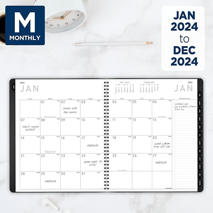 AT-A-GLANCE 2024 Monthly Planner, 9” x 11”, Large, Monthly Tabs, Pocket, Faux Leather, Contemporary, Black (70260X0524)