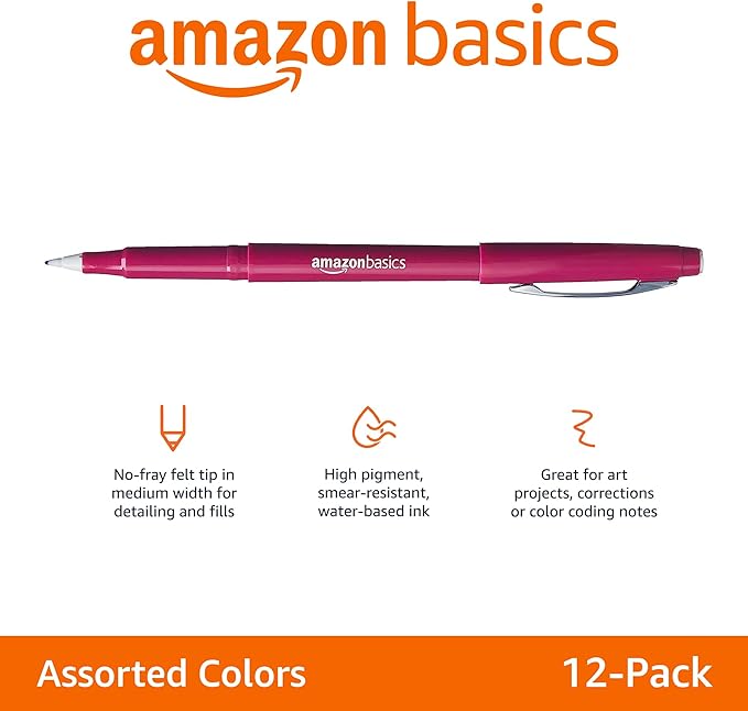 Amazon Basics Felt Tip Marker Pens, Assorted Colors, for Art Projects, Writing, Drawing, and Journaling, 12-Pack