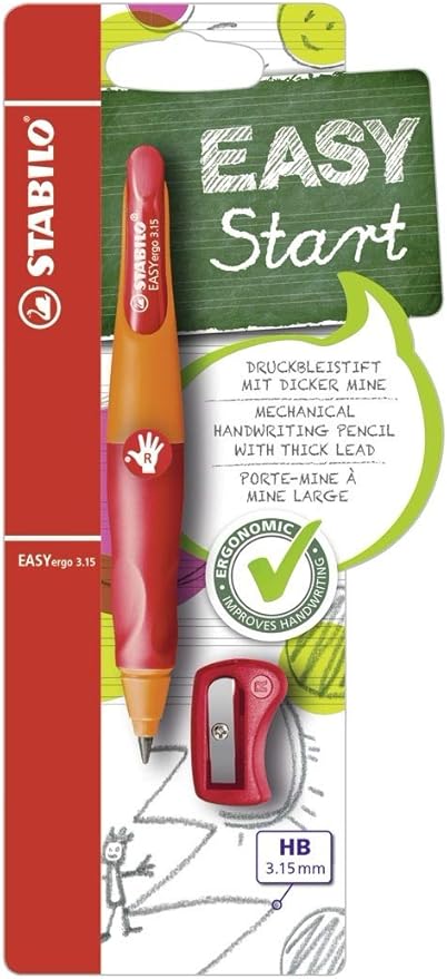 STABILO - EASYergo 3.15 - Ergonomic Mechanical Pencil - Right-Handed - Pack of 1 - Orange/Red with Sharpener