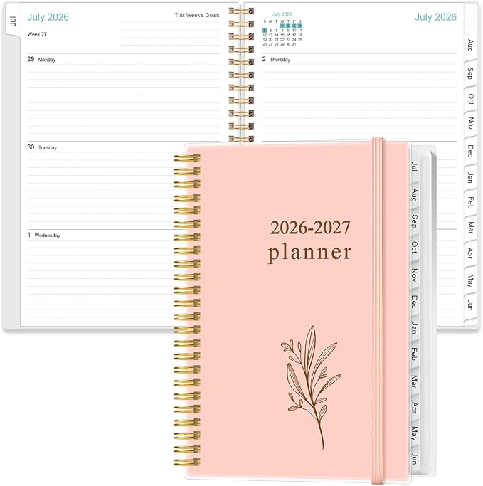 2026-2027 Planner - Planner 2026-2027 from July 2026 - June 2027, Weekly & Monthly Planners Spiral Bound with 12 Monthly Tabs, Inner Pocket, 6.4" x 8.5", Pink