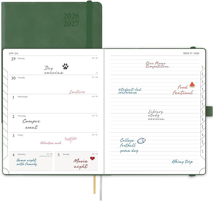 POPRUN Weekly Planner 2026-2027 (Large 8.5''x 10.5'') Academic Calendar (JUL.26 - JUN.27) Appointment Book with Monthly Tabs, Leather Soft Cover, Inner Pocket, 100 GSM - Green