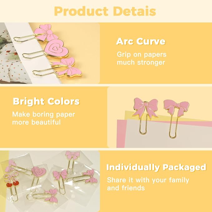 7 PCS Bow Paper Clips Metal Paperclip Large Size Paper Clip Cute Bookmark Colorful Office Supplies Present for Teacher & Students, for Office Home Supplies Gifts Wedding Decoration