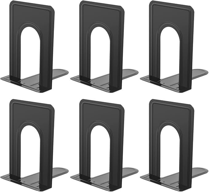 JIKIOU Book Ends Universal Premium Bookends for Shelves, Non-Skid Bookend, Heavy Duty Metal Book End, Book Stopper for Books/Movies/CDs/Video Games, 6.69 x 4.9 x 4.3 in, Black (3 Pairs/6 Pieces)