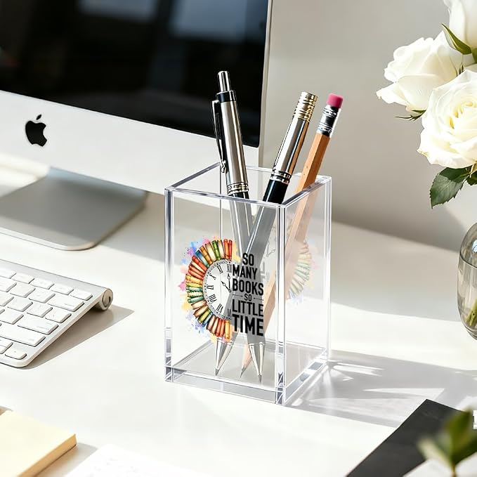 So Many Books So Little Time Acrylic Pen Holder Cosmetic Organizer, Funny Book Pen Pencil Cup for Desk, Reading Nook Accessories, Bookish Gifts for Book Lover Librarian Bookworm Reader Teacher