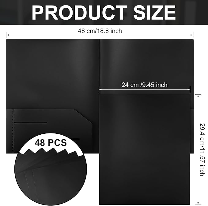 Fulmoon 48 Pack Plastic Folders with 2 Pockets Bulk 11 x 9 Inch Heavy Duty File Pocket Folders and 4 Card Slots Fit Letter Size Paper Cards for Back to School Office Home Supply(Black)