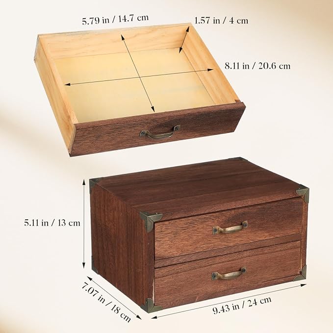 Zerodeko Vintage Wooden Drawer Storage Cabinet with 2 Drawers Compact Desktop Organizer for Office Supplies Makeup Jewelry and Home Storage 9.44X7.08X5.11 Inches