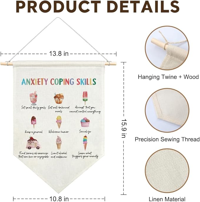 Anxiety Coping Skills Canvas Hanging Pennant Flag, Mental Health Therapy Office School Counselor Room Decor, Calm Down Corner Flag, Emotional Gifts for Family Friend Coworker BFF