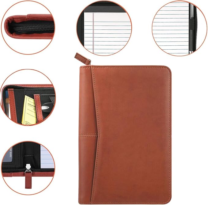 Small Portfolio Organizer, A5 Zippered Business Portfolio, Junior Padfolio Folder Binder for Women & Men,5 x 8 Writing Pad Included, Brown