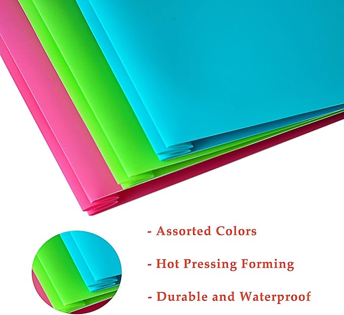 Seashell 12 Pack 2 Pocket Folders with Prongs, Plastic 3 Hole Punched Folder with Two Pockets, Letter Size, Heavy Duty, Assorted Colors, for Office and Classroom Use