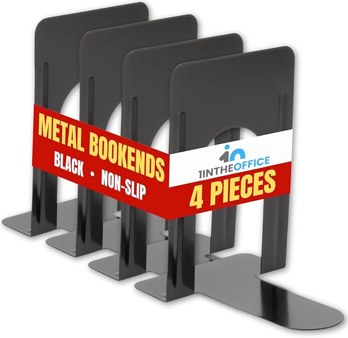 1InTheOffice Bookends for Shelves, Metal Bookends, 8 1/4" x 5 7/8" x 9", Non-Slip, Black, 2 Pack