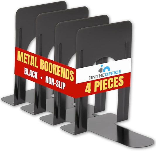 1InTheOffice Bookends for Shelves, Metal Bookends, 8 1/4" x 5 7/8" x 9", Non-Slip, Black, 2 Pack