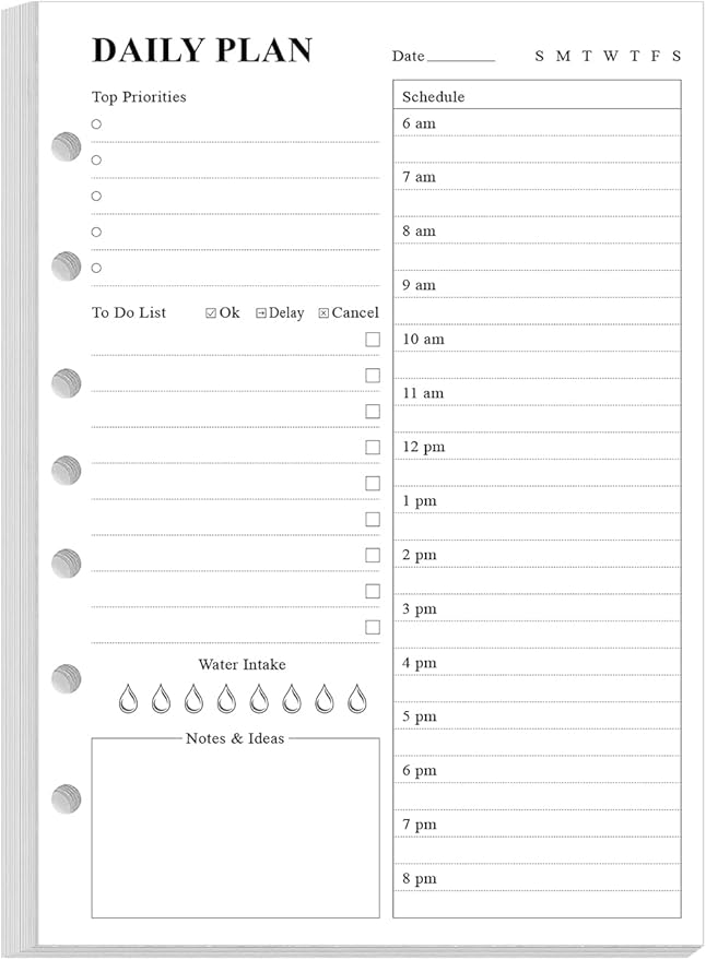 7-Hole Punched To Do List Insert - Undated Daily Planner Refill for 3/7 Hole Mini Binder,100 Sheets/200 Pages Planner and Lined Refill, 100 gsm White Paper, 5.8'' x 8.3''