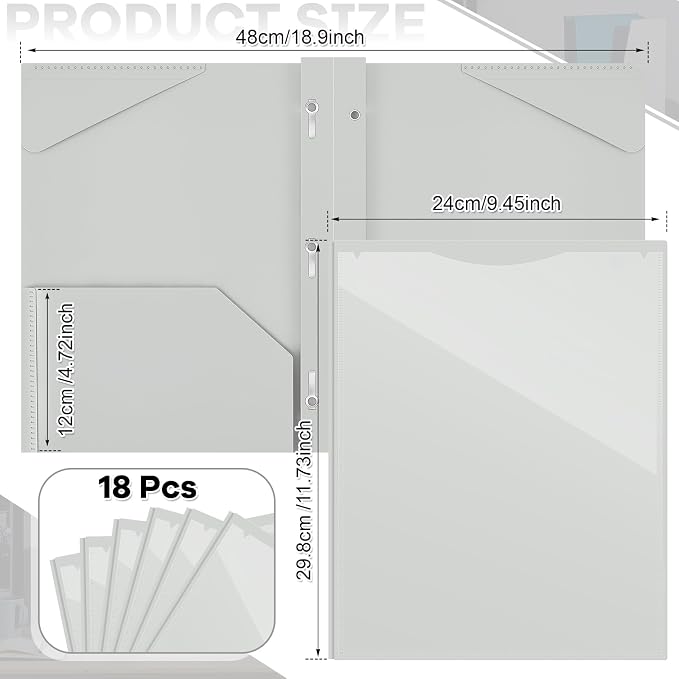 Henoyso 18 Pcs Plastic Folder with Clear Front Pocket and 3 Prong Plastic Folders with Card Slot Pocket Folders with Prongs for School Office (Gray White)