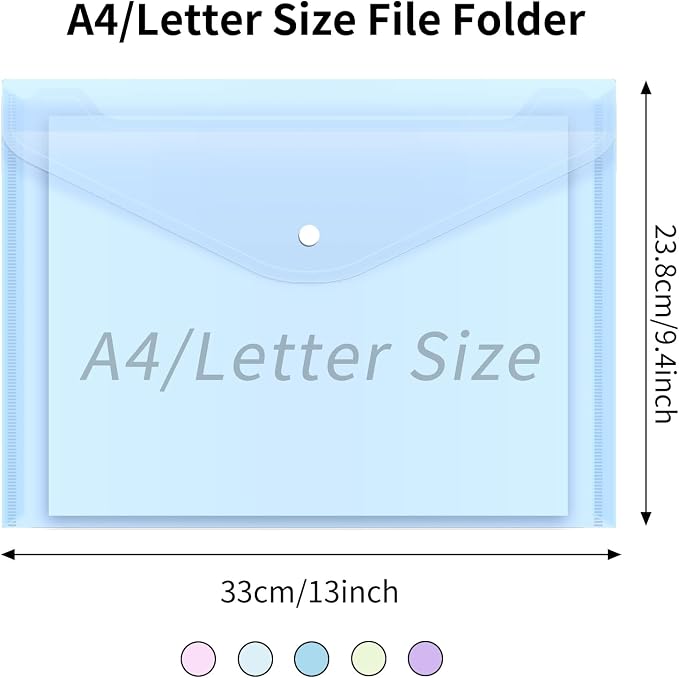 EOOUT 5pcs Plastic Envelopes Folders, Plastic Poly Folders for Documents, File Folders with Snap Closure, A4 Size, Letter Size, for School and Office Supplies